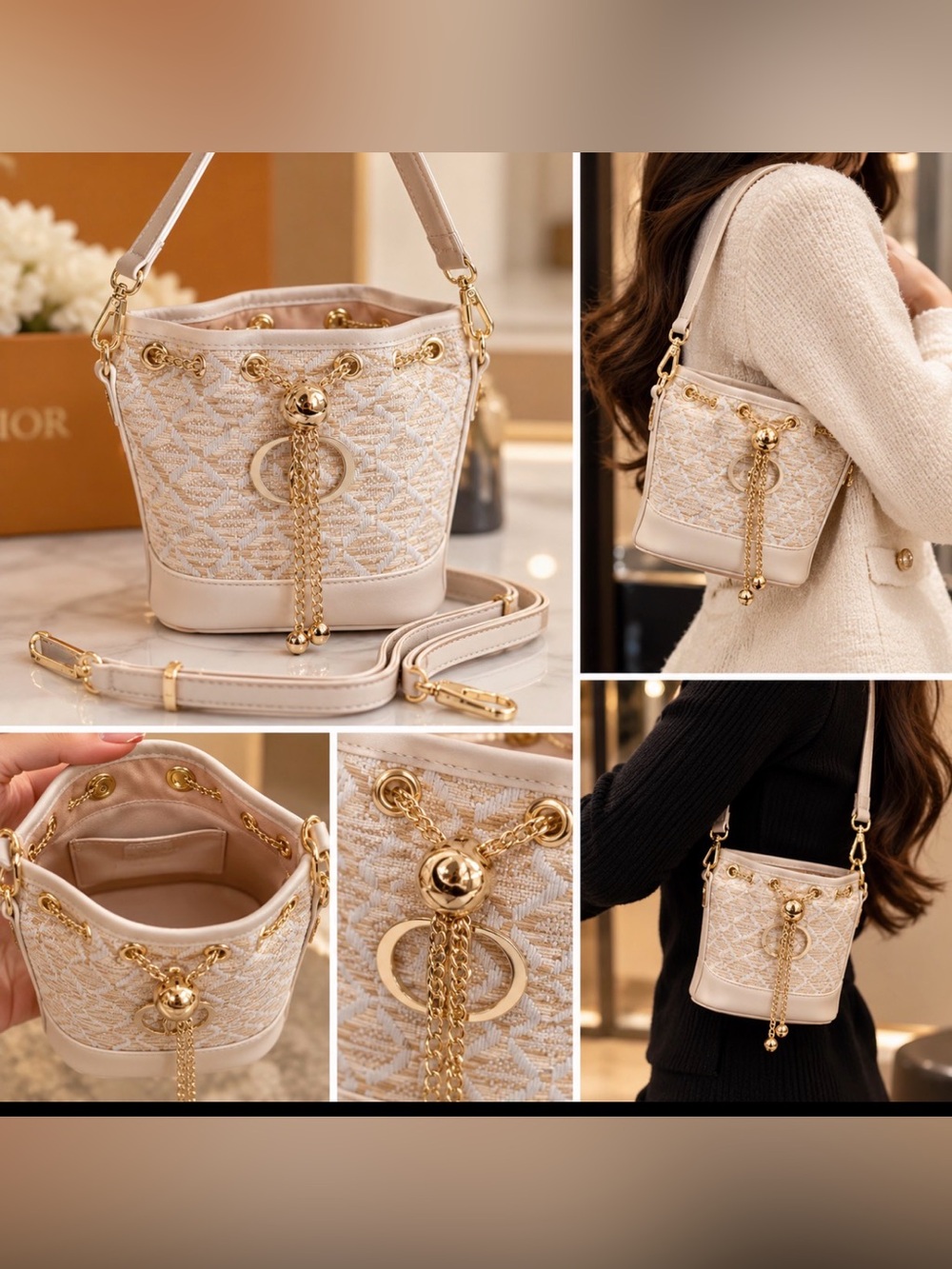 Dior Cream Beige Monogram Bucket Crossbody with Gold Chain - Picture 2 of 2